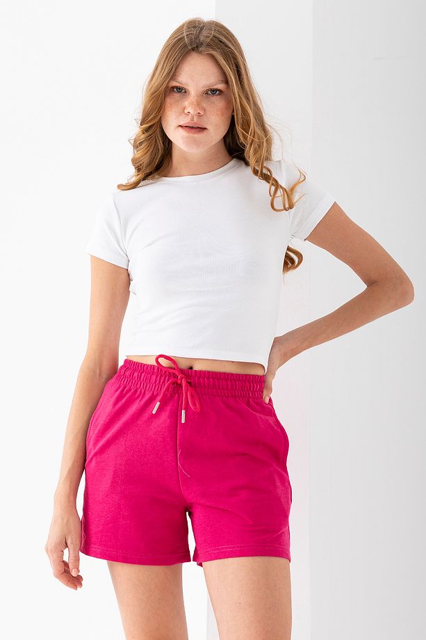 Kadın Beli Ayarlanabilir Çift Cepli Basic Şort Pembe - 10038 - 4