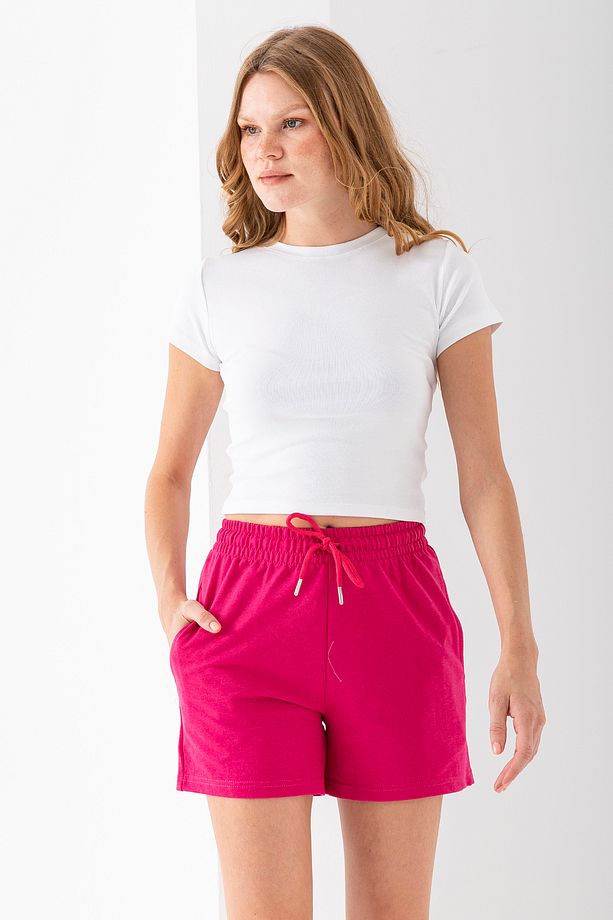 Kadın Beli Ayarlanabilir Çift Cepli Basic Şort Pembe - 10038 - 6