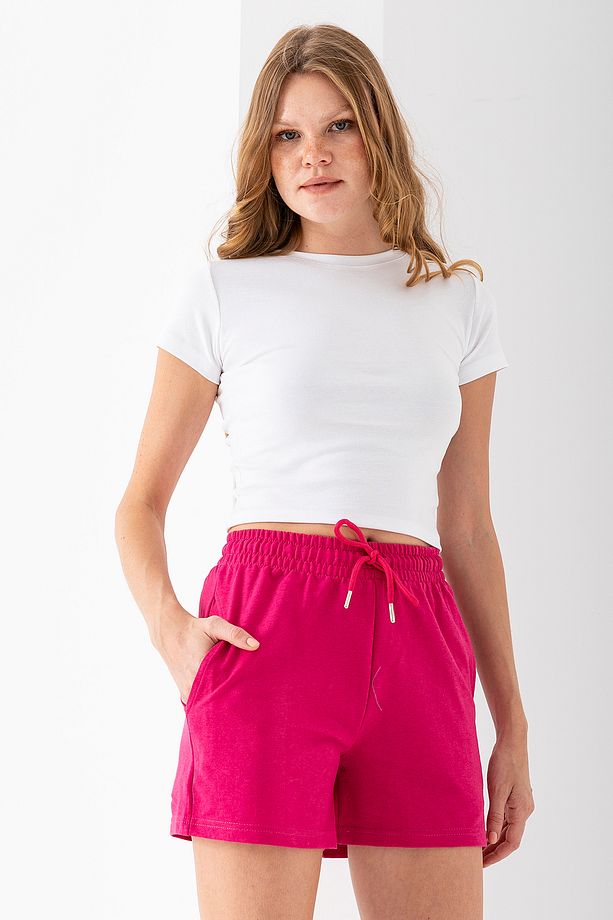 Kadın Beli Ayarlanabilir Çift Cepli Basic Şort Pembe - 10038 - 2