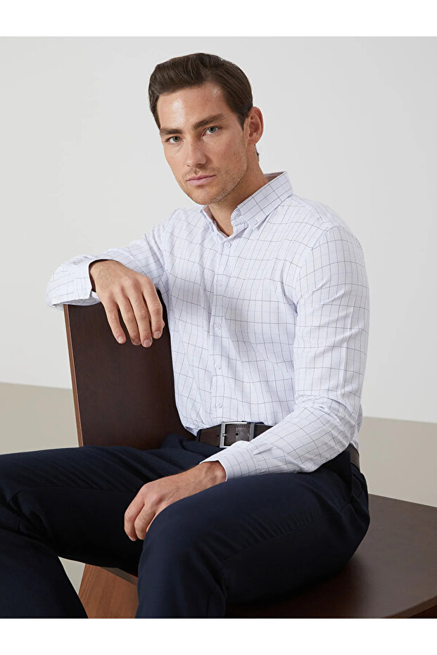 Blue Regular Fit Long Sleeve Plaid Dobby Men's Shirt