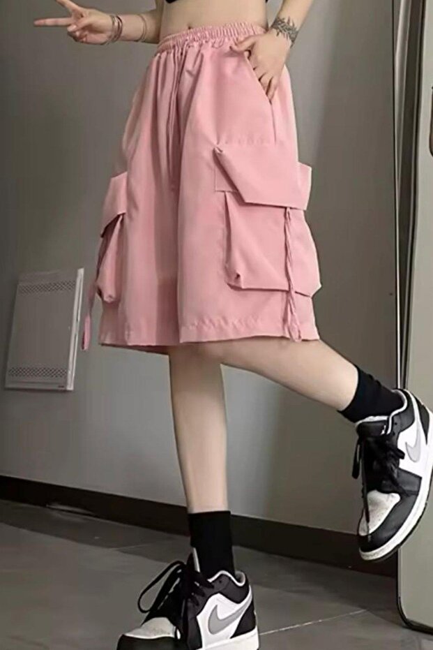 Pembe Cepli Gabardin Y2K Kargo Şort - 1