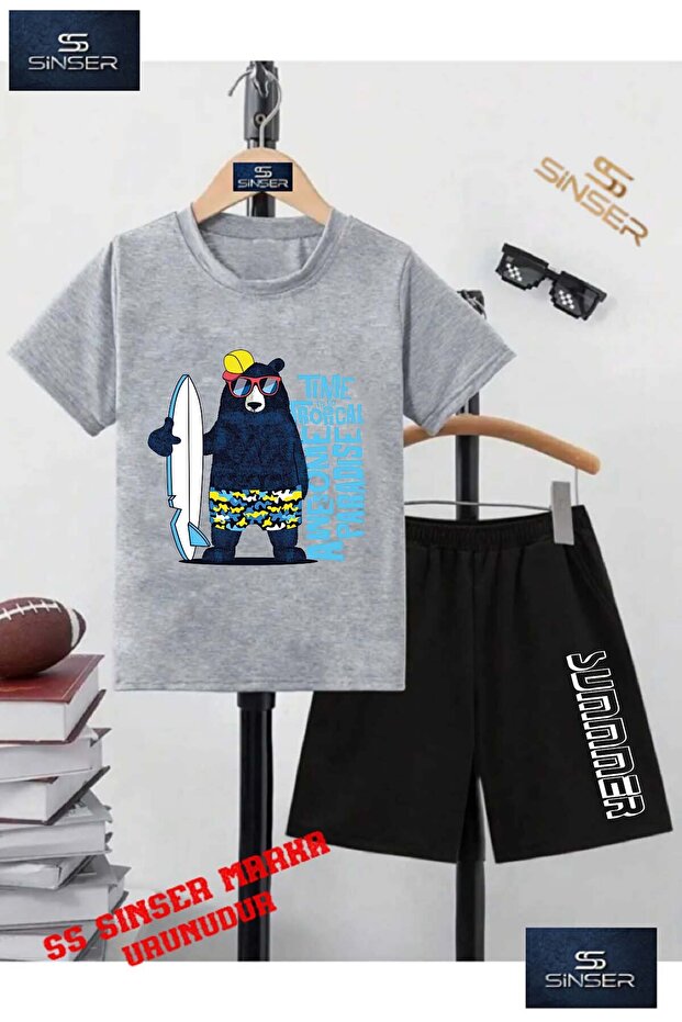 Children's Unisex “Ayick Black Surf Sapka“ Custom Printed Crew Neck T-Shirt - Shorts Set