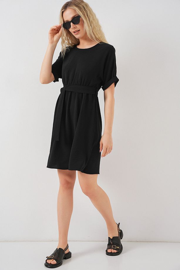 Kadın Kısa Kol Mini Ayrobin Elbise 2572 - Siyah - 6