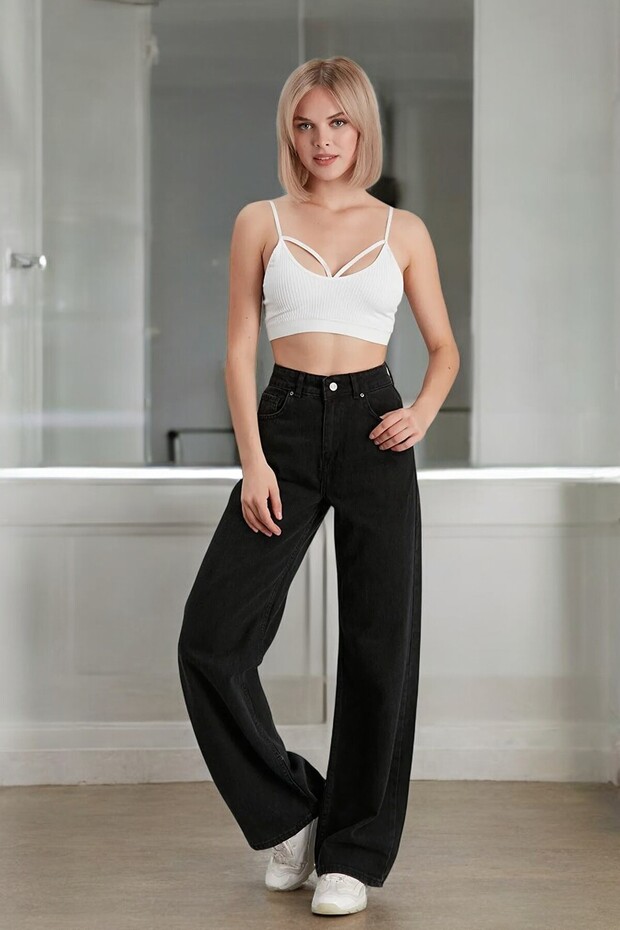 Caitlyn Women's Black Extra High Waist Stretchy Loose Wide Leg Jeans