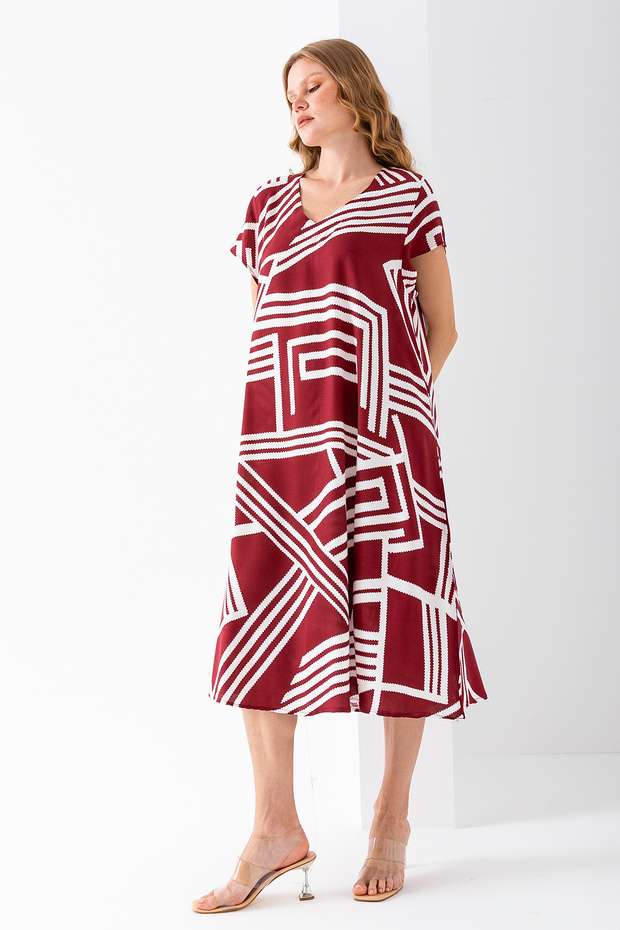Women's V-Neck Geometric Pattern Cotton Dress Burgundy - 25Y F510 Standard Size