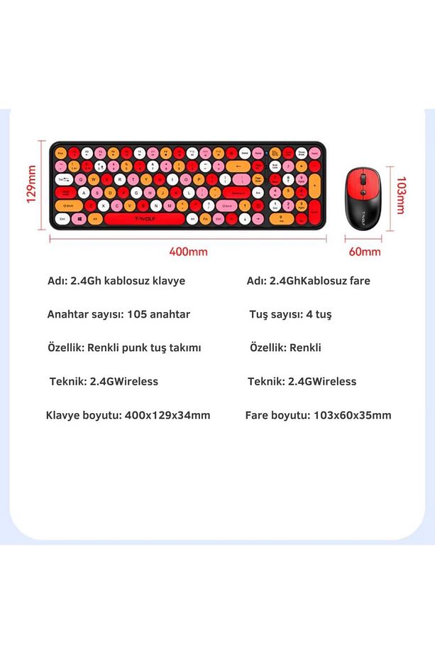 105 Retro Tuşlu 2.4gh Kablosuz Bluetooth Klavye Mouse Seti Retro Kablosuz Klavye Mouse Set - 6