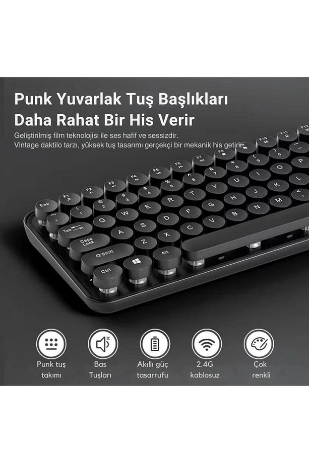 105 Retro Tuşlu 2.4gh Kablosuz Bluetooth Klavye Mouse Seti Retro Kablosuz Klavye Mouse Set - 3