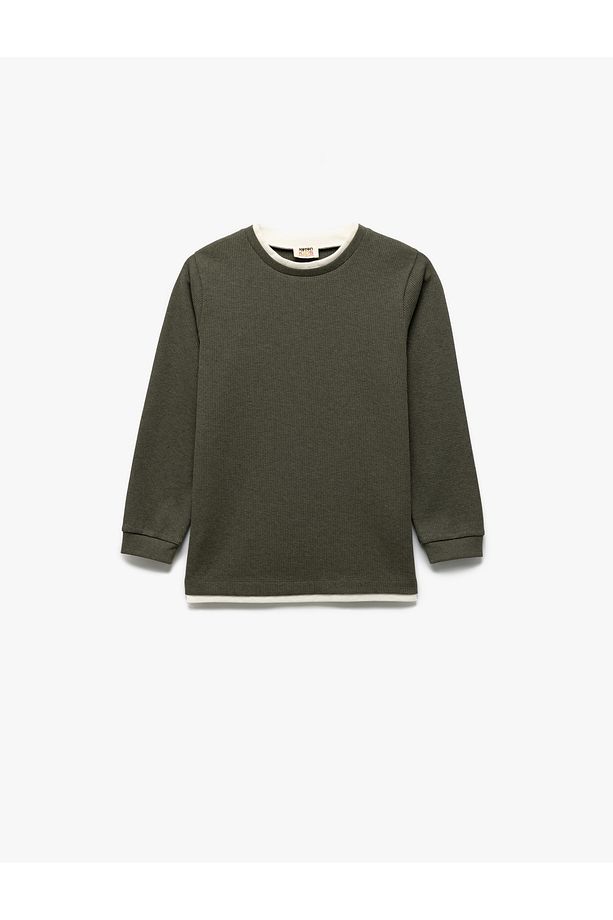 Şardonlu Bisiklet Yaka Çizgili Uzun Kollu Basic Sweatshirt - 1