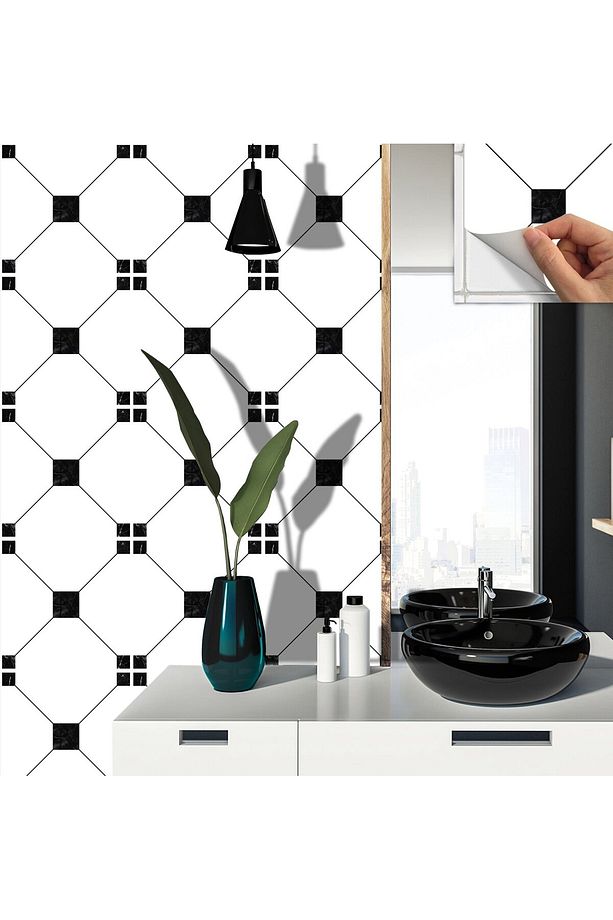 Kendinden Yapışkanlı Banyo Mutfak Fayans Kaplama Siyah Geometrik Pvc Karo 30x30 Cm (11 ADET) 1m2 - 4