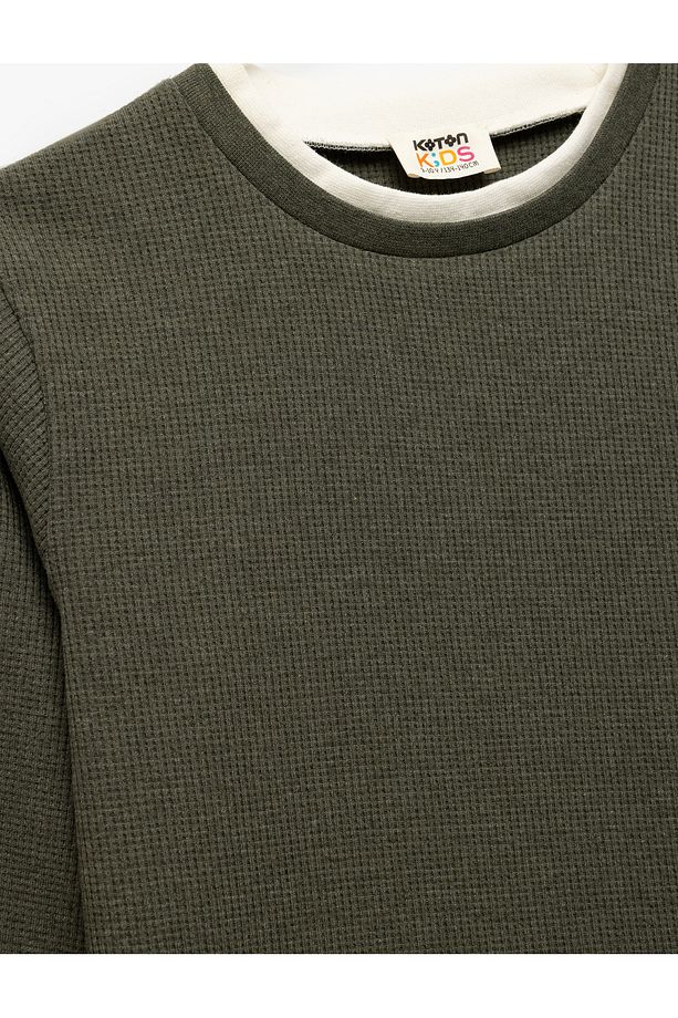 Şardonlu Bisiklet Yaka Çizgili Uzun Kollu Basic Sweatshirt - 3