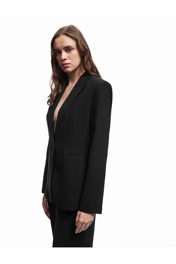 Krep Kumaş Astarlı Düğmeli Uzun Kollu Kruvaze Blazer Ceket - 2