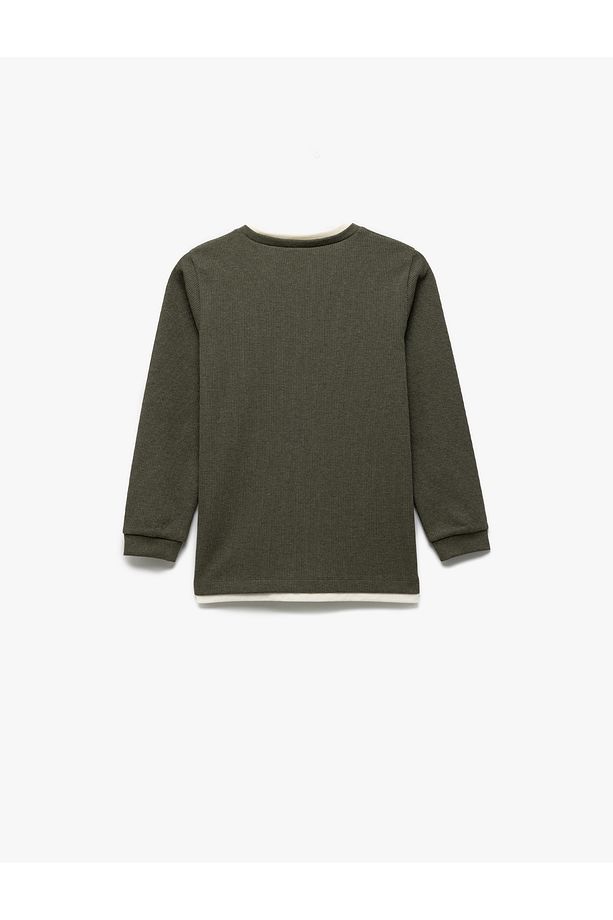 Şardonlu Bisiklet Yaka Çizgili Uzun Kollu Basic Sweatshirt - 2