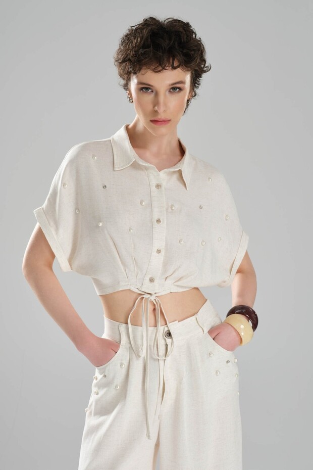 Women's Linen Pearl Detailed Design Stone Crop Blouse
