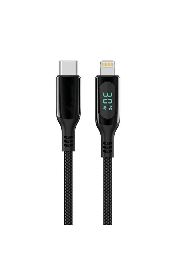 30w Dijital Göstergeli Örgülü Type C To Lightning Süper Hızlı Şarj Kablosu Siyah 120 Cm - 1