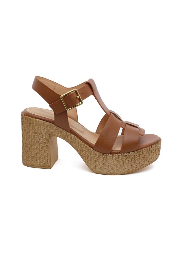 59243 Taba Hakiki Deri Kadın Topuklu Sandalet - 1