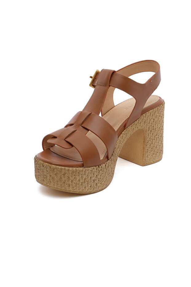 59243 Taba Hakiki Deri Kadın Topuklu Sandalet - 4
