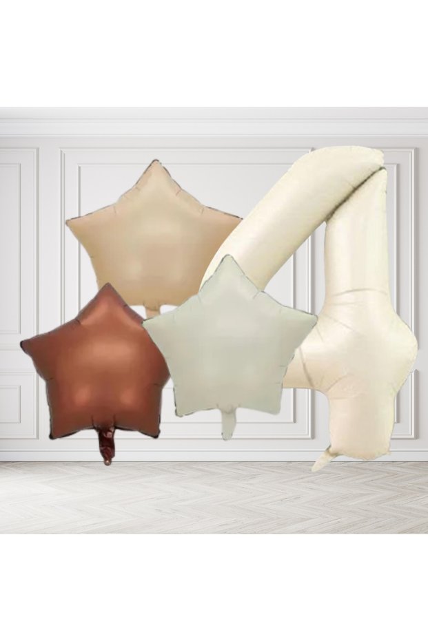 4 Year Old Retro Cream Beige Brown Star Foil Balloon Set with Cream Numbers Birthday Stylish Party Ornament