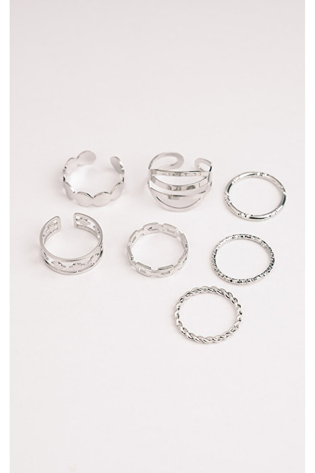 Women's White Color Non-Tarnish 7-Piece Joint and Adjustable Ring Set
