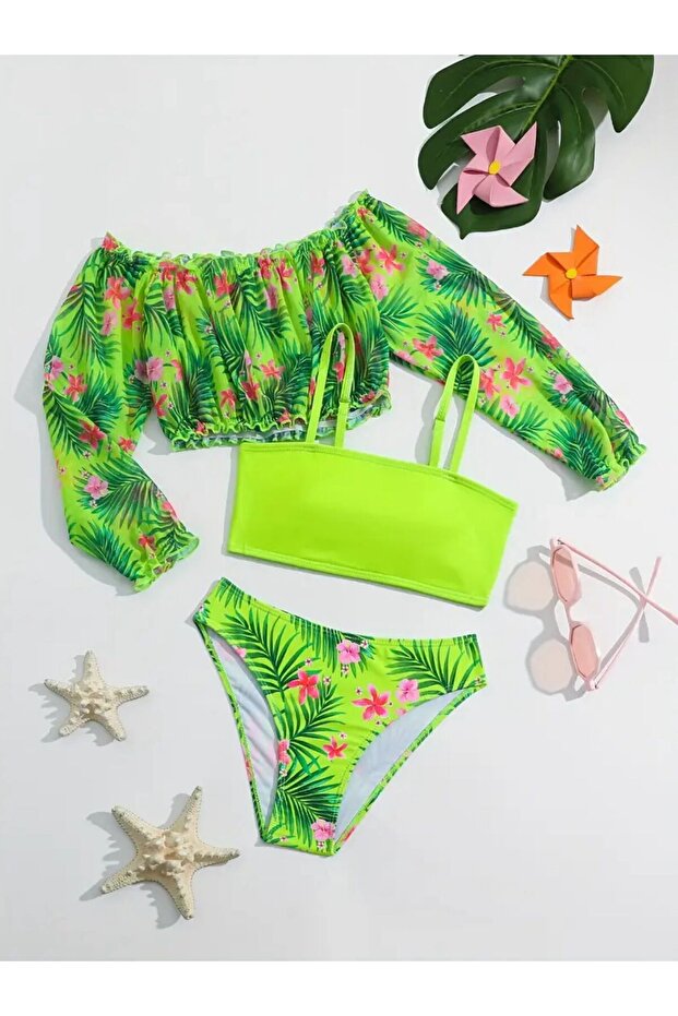 Green Floral Bikini Swimsuit Bustier Blouse Set