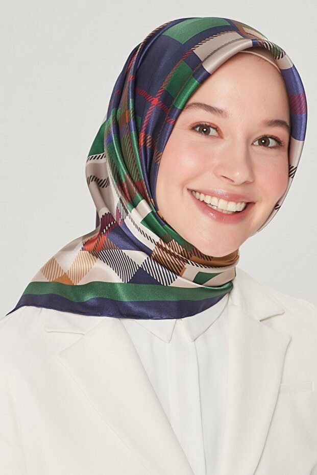Nostalji Twill İpek Eşarp 8547D-86 Ekose Desen ZÜMRÜT-LACİVERT - 1