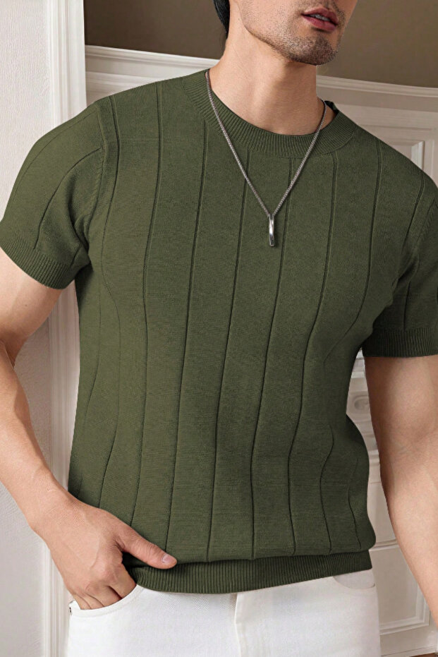 Men's Khaki Fit Textured Short Sleeve Crew Neck Knitwear T-Shirt