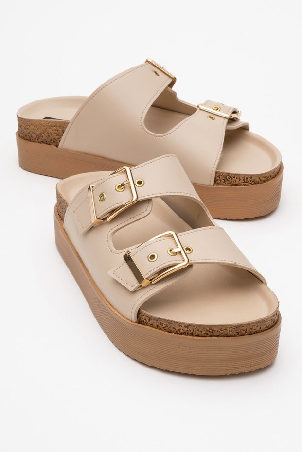 Beige Double Buckle Casual Women's Slippers