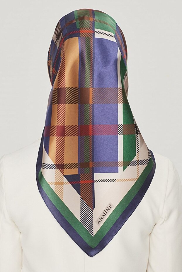 Nostalji Twill İpek Eşarp 8547D-86 Ekose Desen ZÜMRÜT-LACİVERT - 4