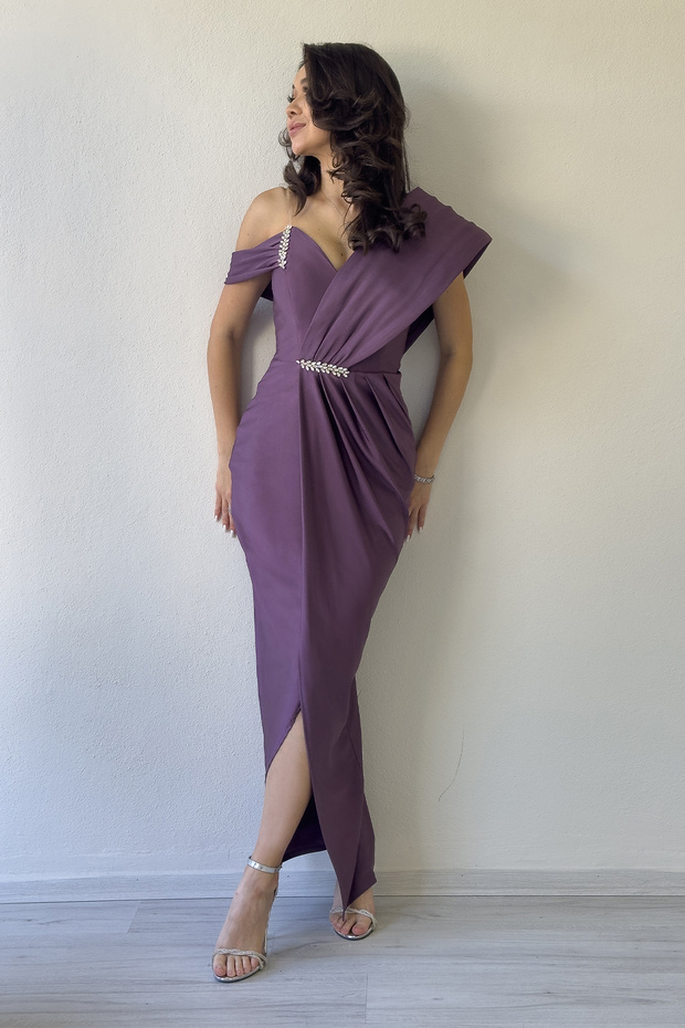 Women's One Shoulder Stone Detailed Draped Midi Length Evening Dress Lilac, Black