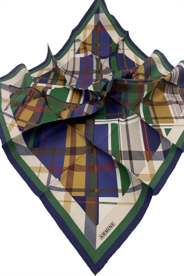 Nostalji Twill İpek Eşarp 8547D-86 Ekose Desen ZÜMRÜT-LACİVERT - 5