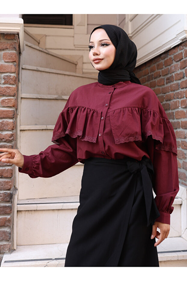 Dantelli Gömlek - Bordo - Vav - 7