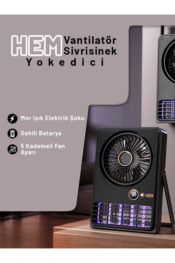 Şarjlı Standlı Vantilatör Mor Işık Sinek Öldürücü 5 Kademe Fan Yukarı‑Aşağı Salınım Type‑C Şarjlı - 6