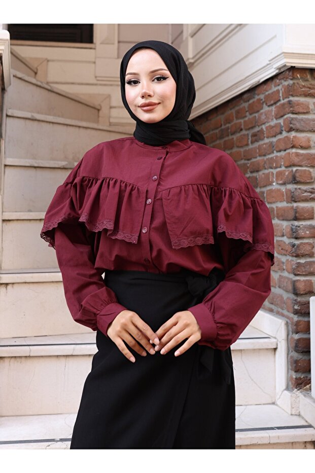 Dantelli Gömlek - Bordo - Vav - 2