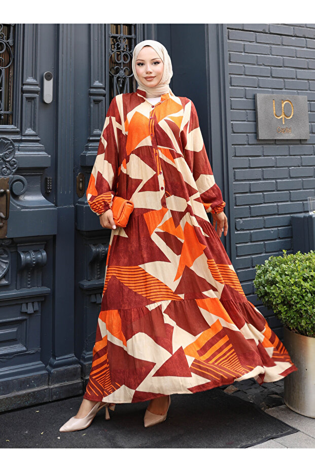 فستان منقوش - برتقالي - فاف - 3