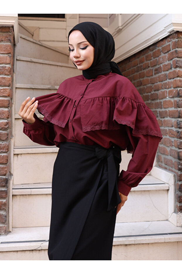 Dantelli Gömlek - Bordo - Vav - 6