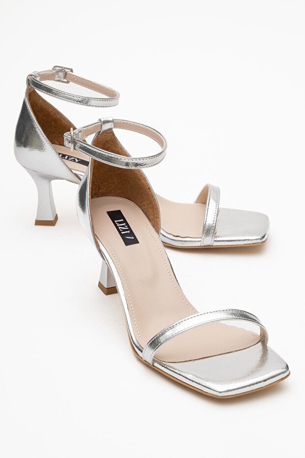 Silver Single Strap Women's Heeled Sandals