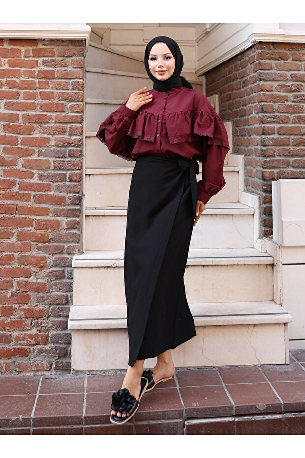 Dantelli Gömlek - Bordo - Vav - 1