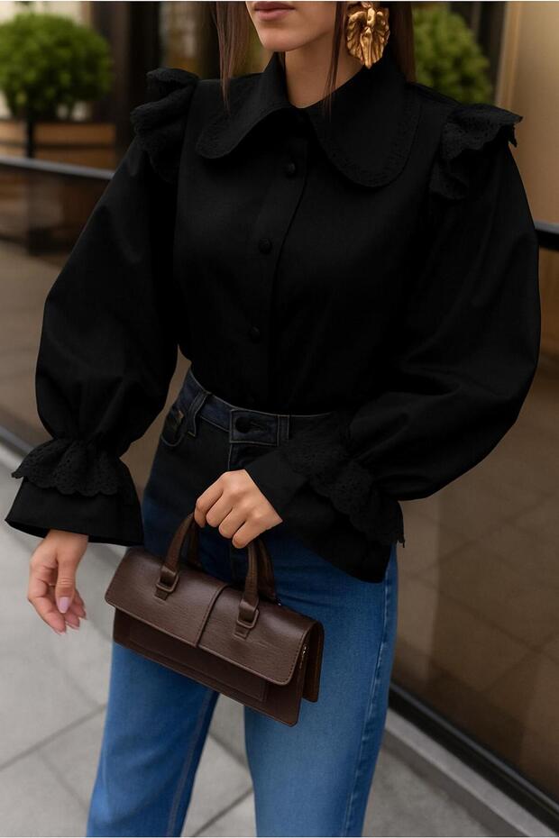 Women's Black Eyelet Embroidery Ruffled Peter Pan Collar Shirt
