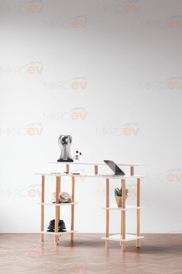 Pia Ahşap Ayaklı Çok Katlı Açık Raflı Şifonyer & Makyaj Masası | Modern Organizer Masa - 3