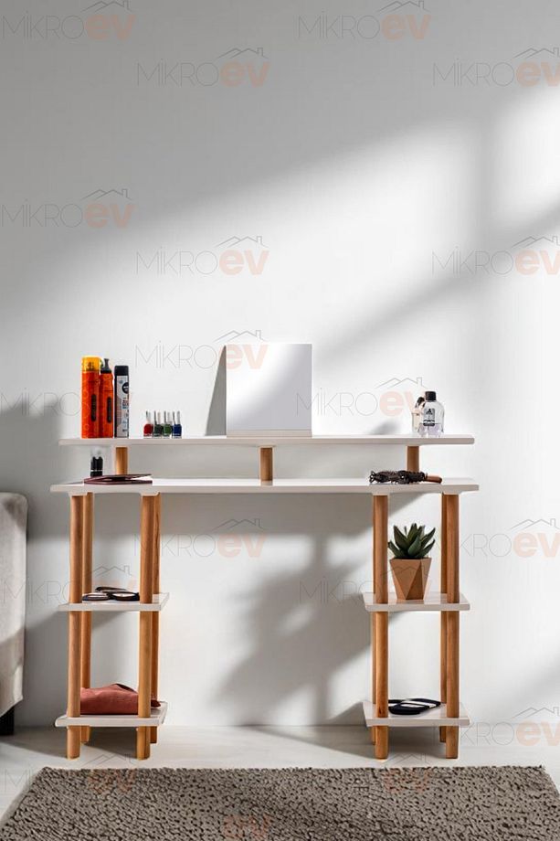 Pia Ahşap Ayaklı Çok Katlı Açık Raflı Şifonyer & Makyaj Masası | Modern Organizer Masa - 2