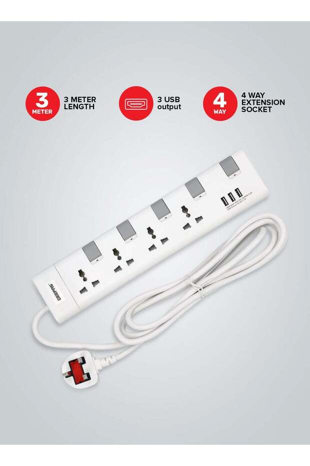 Extension Socket, 4 Ways, 3m Cord Length, GES4095
