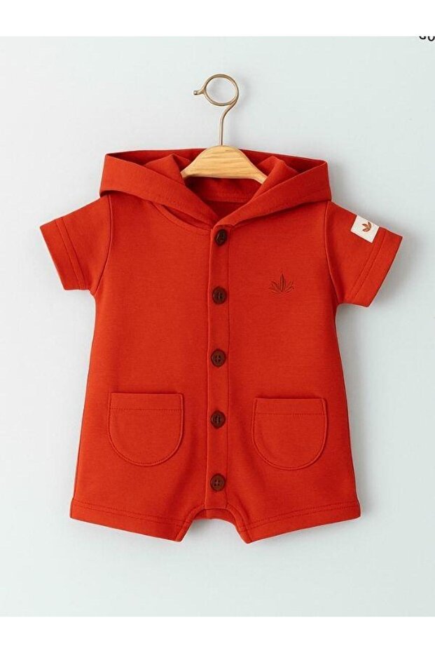 Baby Organic Cotton Front Button Hooded Short Sleeve Shorts Jumpsuit