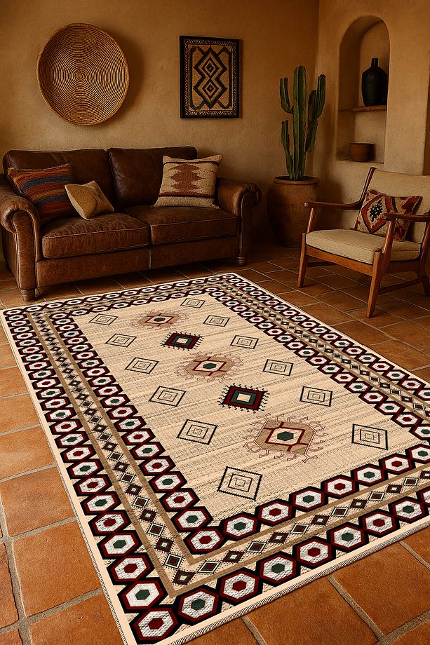 Salon Halısı Geometrik İskandinav Eskitmeli Dijital Baskı Yıkanabilir Kaymaz Taban 9100 - 2