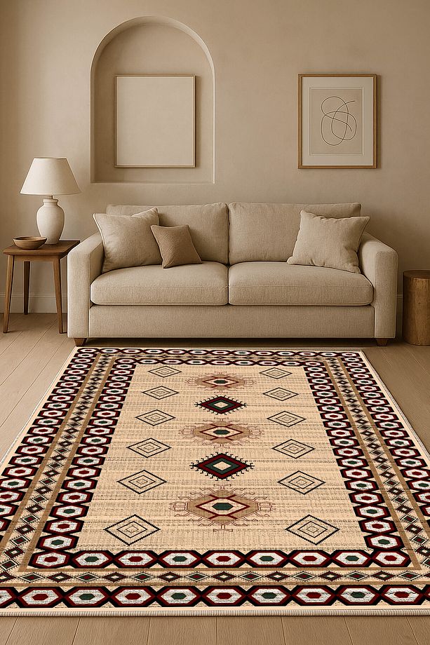 Salon Halısı Geometrik İskandinav Eskitmeli Dijital Baskı Yıkanabilir Kaymaz Taban 9100 - 1