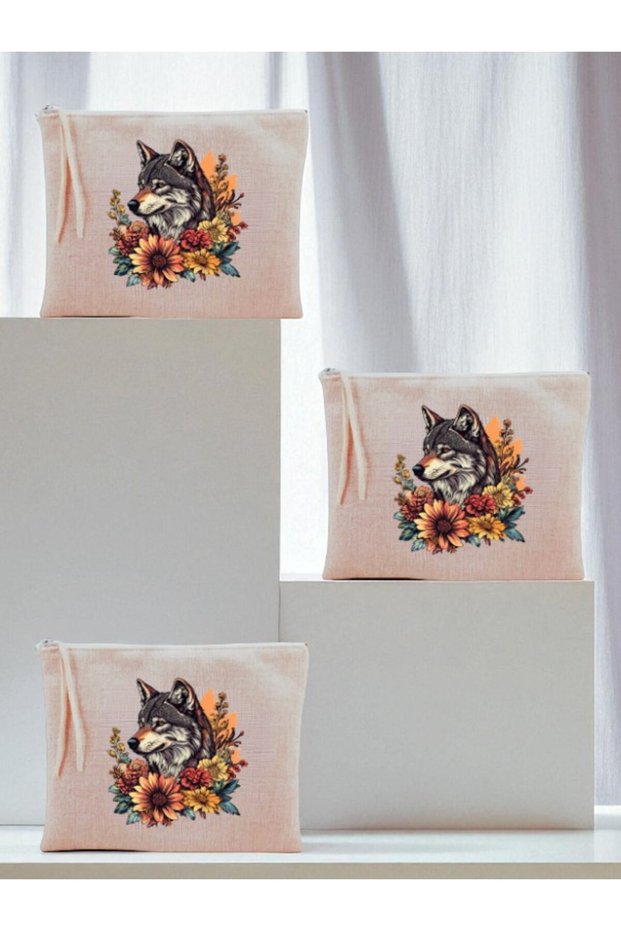 Floral Wolf Printed 3-Piece Makeup Bag 20X25 cm - Women's Birthday Gift Women's Gift Product