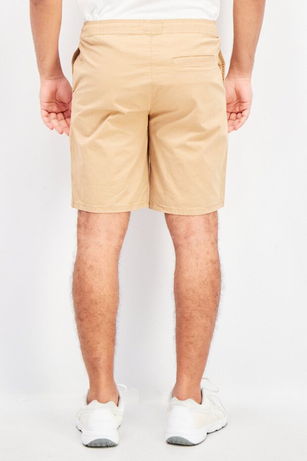 Men Regular Fit Drawstring Plain Shorts, Tan - 4