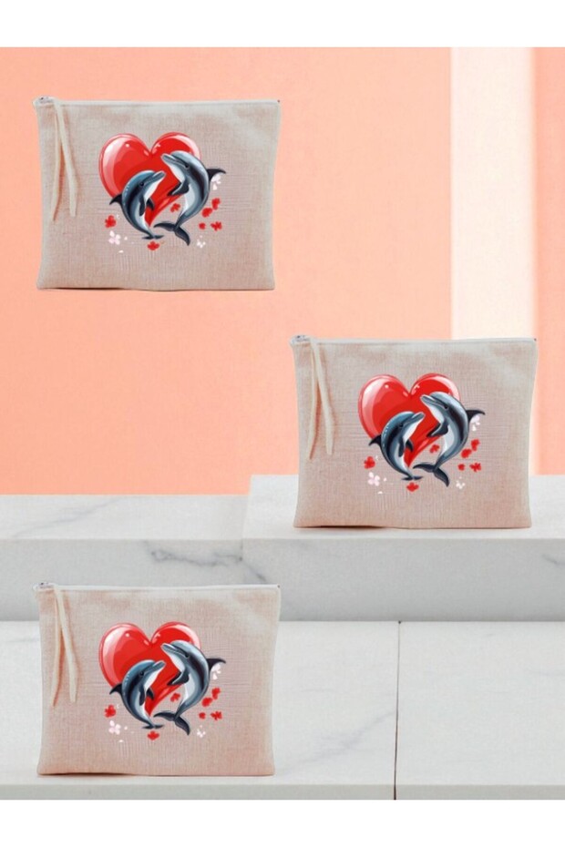 Heart and Dolphin Printed 3-Piece Makeup Bag 20X25 cm - Women's Birthday Gift Women's Gift Product