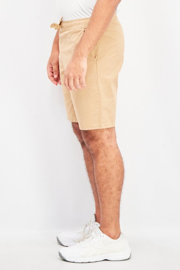 Men Regular Fit Drawstring Plain Shorts, Tan - 2