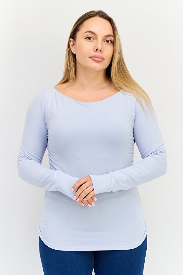 Women Boat Neck Long Sleeve Solid T Shirt, Light Blue