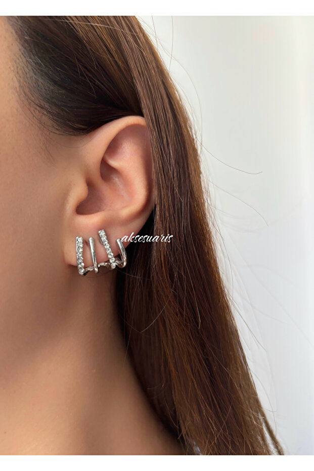 4-Piece Look Zircon Stone Steel Earrings