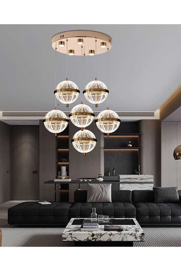 Barkın 6'Lı 40 Watt Yuvarlak Gold Ledli Modern Salon Avize - 1